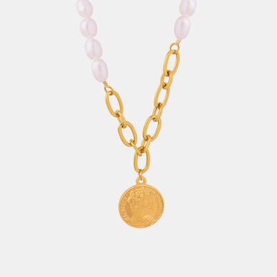 Coin Pendant Pearl Titanium Steel Necklace in GoldNecklaceBeach Rose Co.