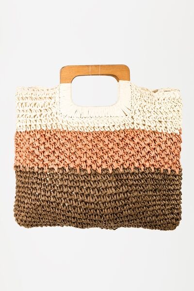 Color Block Braided Straw Tote Bag in OrangeTote BagFame