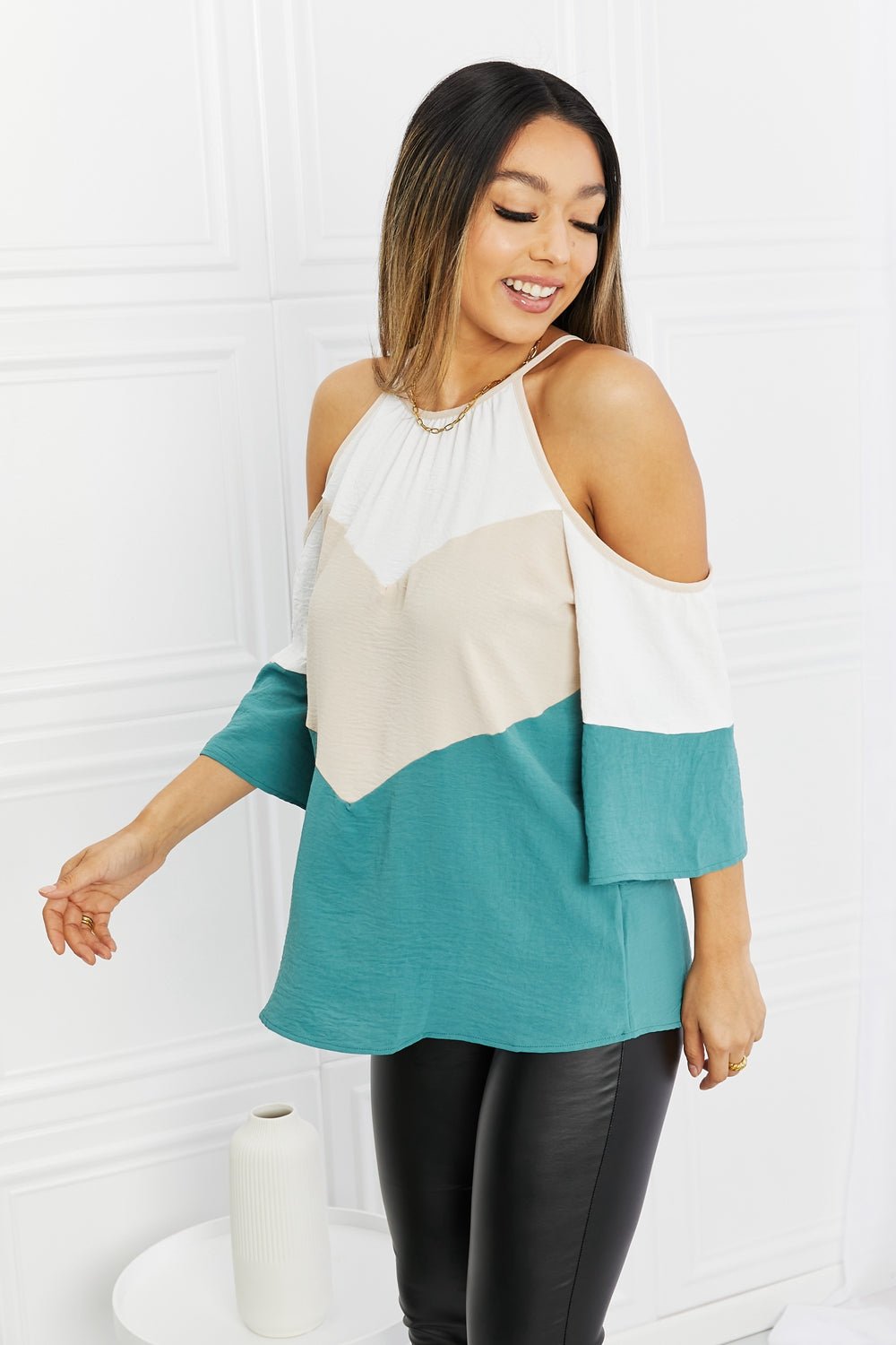 Color Block Cold-Shoulder Blouse in White + GreenBlouseHailey & Co