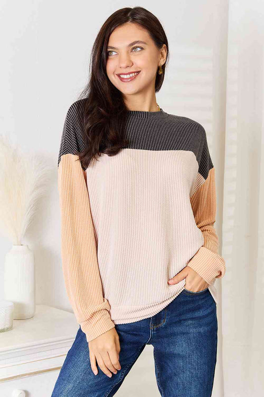 Color Block Dropped Shoulder Long Sleeve T-Shirt in BlackTeeDouble Take
