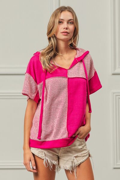 Color Block Exposed Seam Short Sleeve Hooded Top in FuchsiaHoodieBiBi