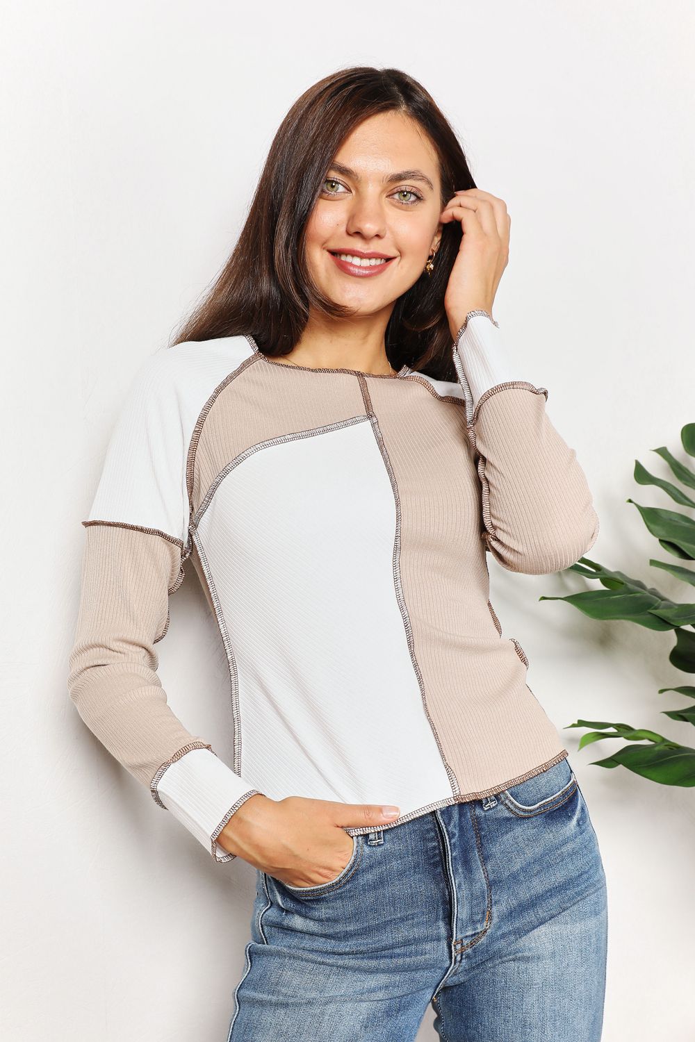 Color Block Exposed Seam Top in KhakiTopDouble Take