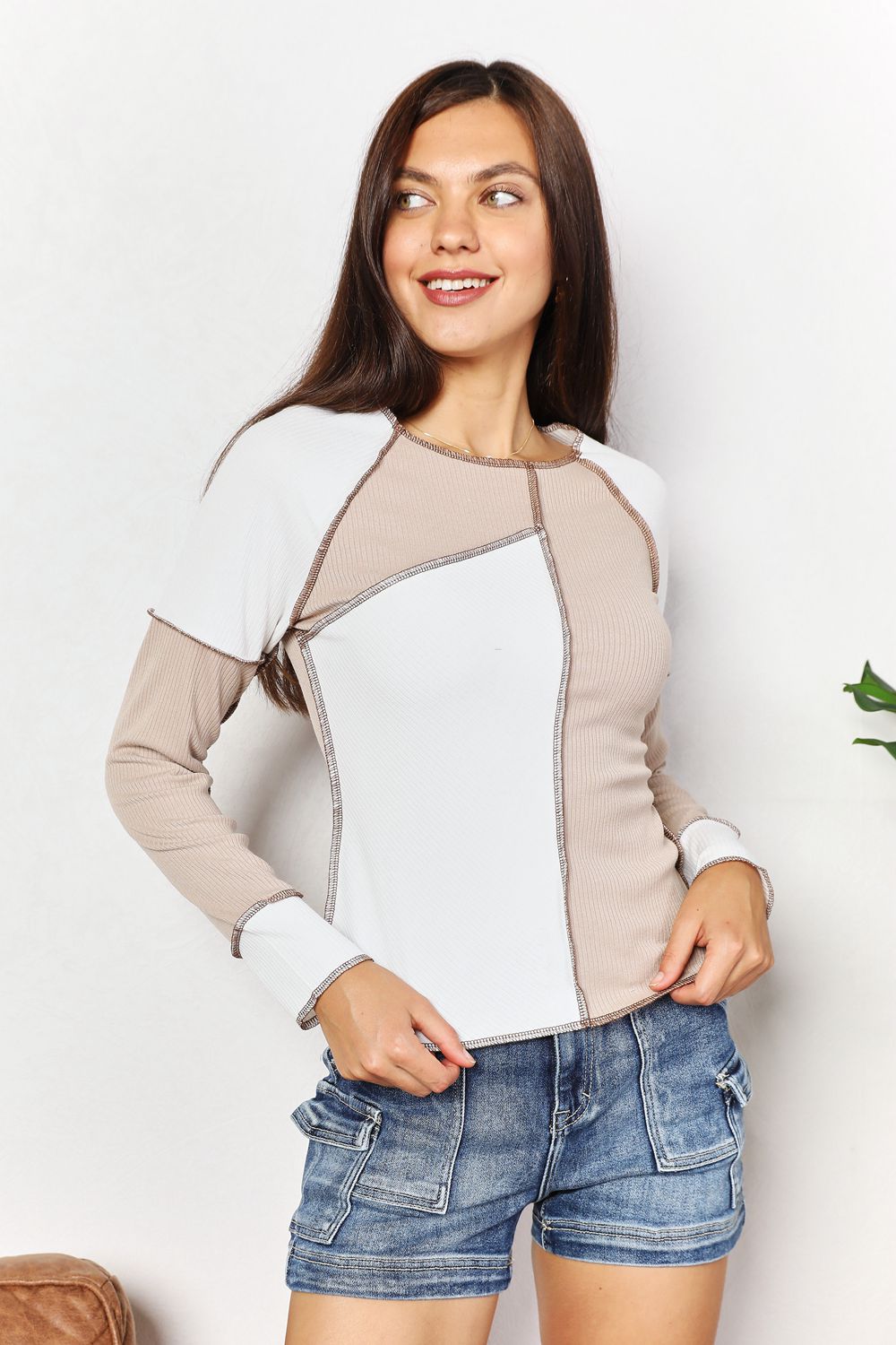 Color Block Exposed Seam Top in KhakiTopDouble Take