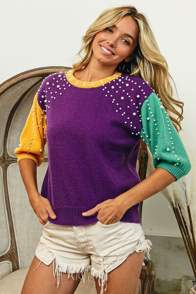 Color Block Pearl Detail Crew Neck Sweater in Purple, Green + GoldSweaterBiBi