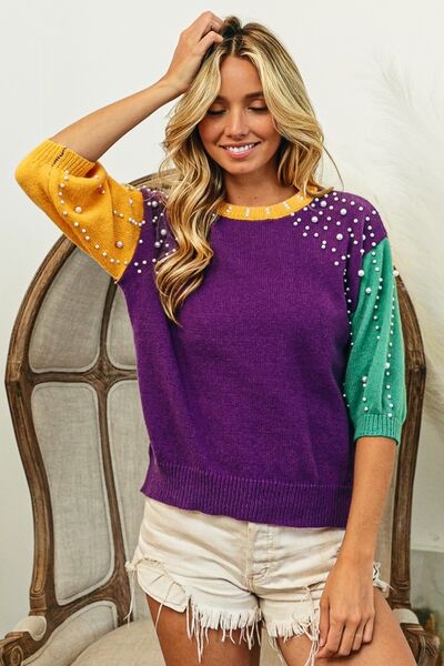 Color Block Pearl Detail Crew Neck Sweater in Purple, Green + GoldSweaterBiBi