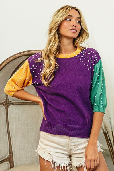 Color Block Pearl Detail Crew Neck Sweater in Purple, Green + GoldSweaterBiBi