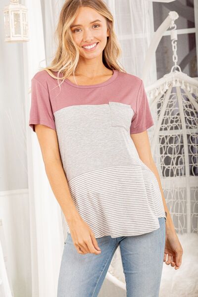 Color Block Striped Short Sleeve T-Shirt in Mauve/Heather GreyT-ShirtHeimish