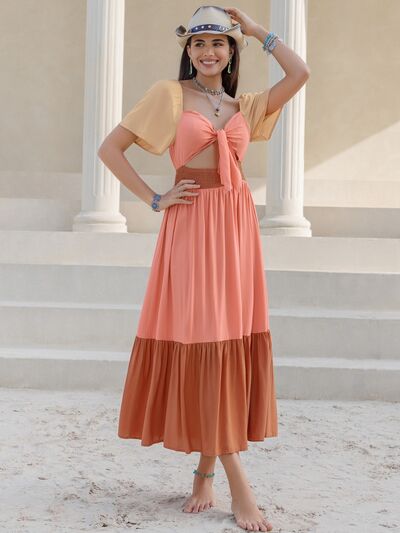 Color Block Tie Front Smocked Midi Dress in CoralMidi DressBeach Rose Co.