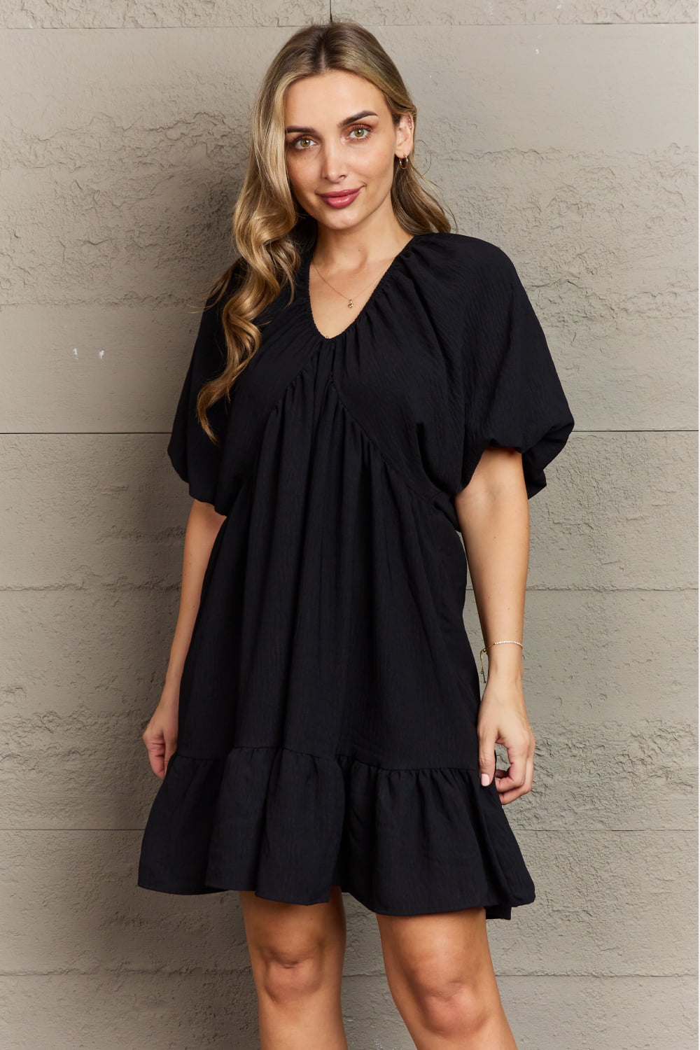 Double V-Neck Puff Sleeve Mini Dress in BlackMini DressHailey & Co