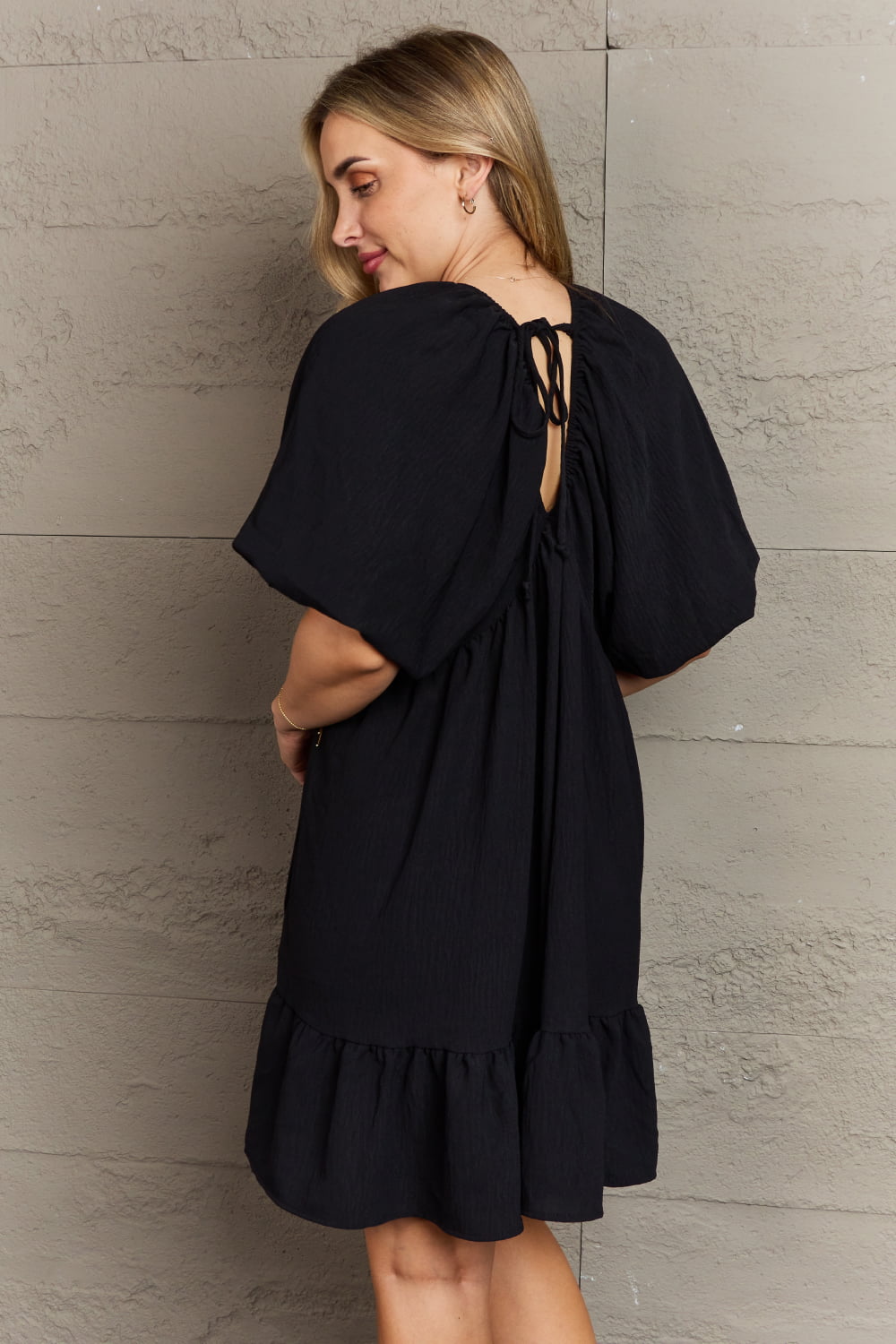Double V-Neck Puff Sleeve Mini Dress in BlackMini DressHailey & Co