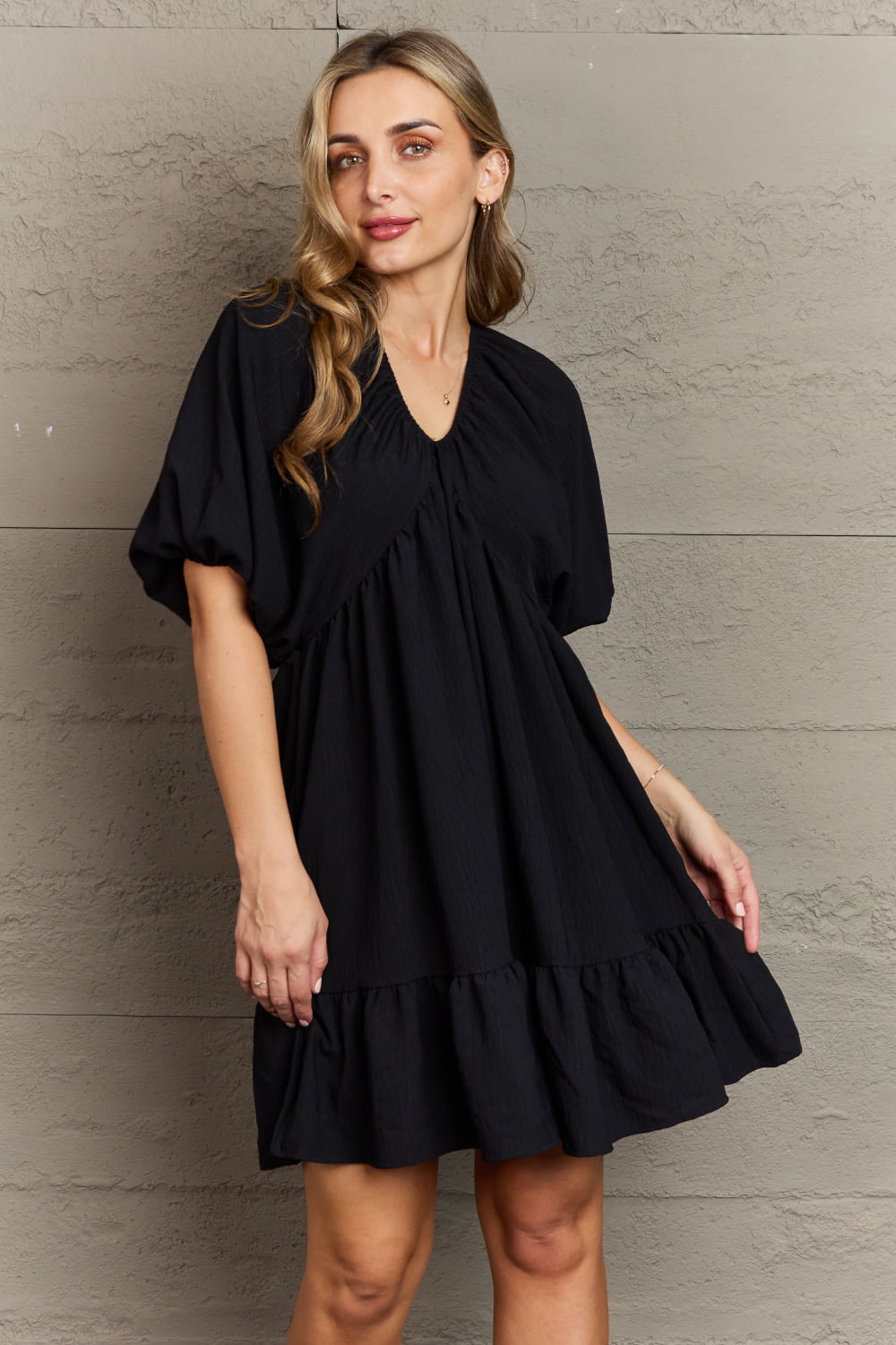 Double V-Neck Puff Sleeve Mini Dress in BlackMini DressHailey & Co