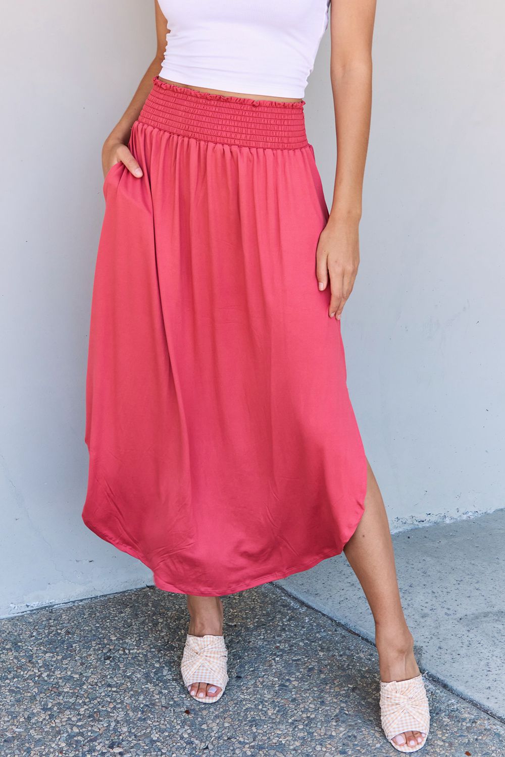 High Waist Scoop Hem Maxi Skirt in Hot PinkMaxi SkirtDoublju