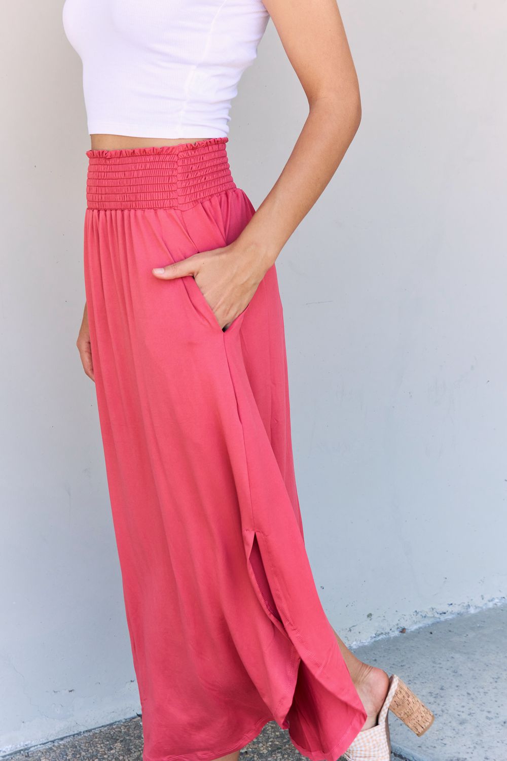 High Waist Scoop Hem Maxi Skirt in Hot PinkMaxi SkirtDoublju