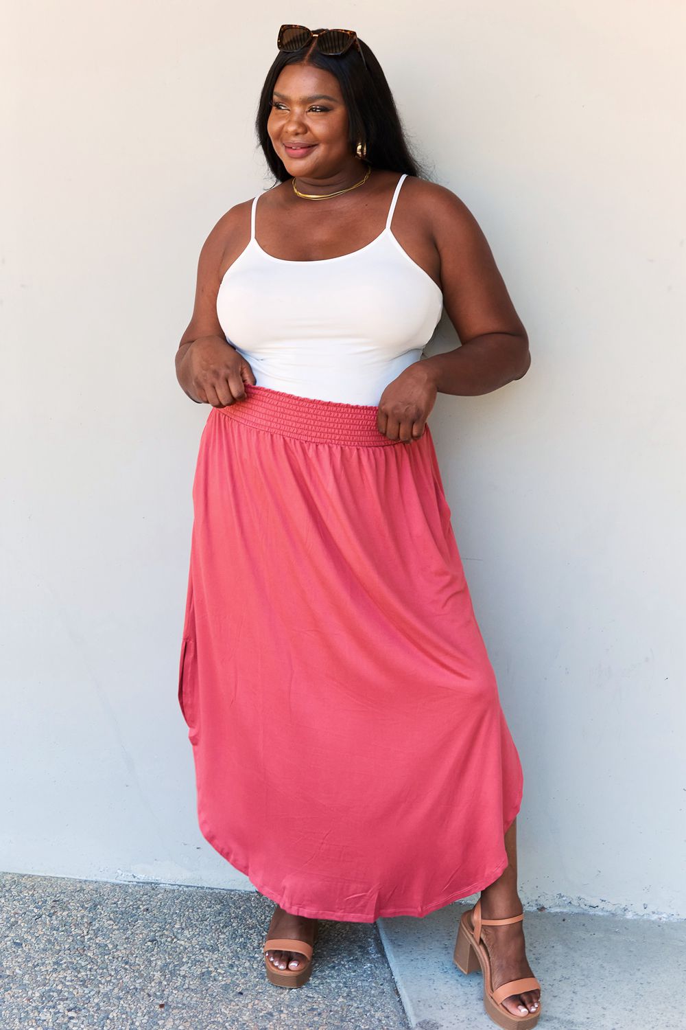 High Waist Scoop Hem Maxi Skirt in Hot PinkMaxi SkirtDoublju