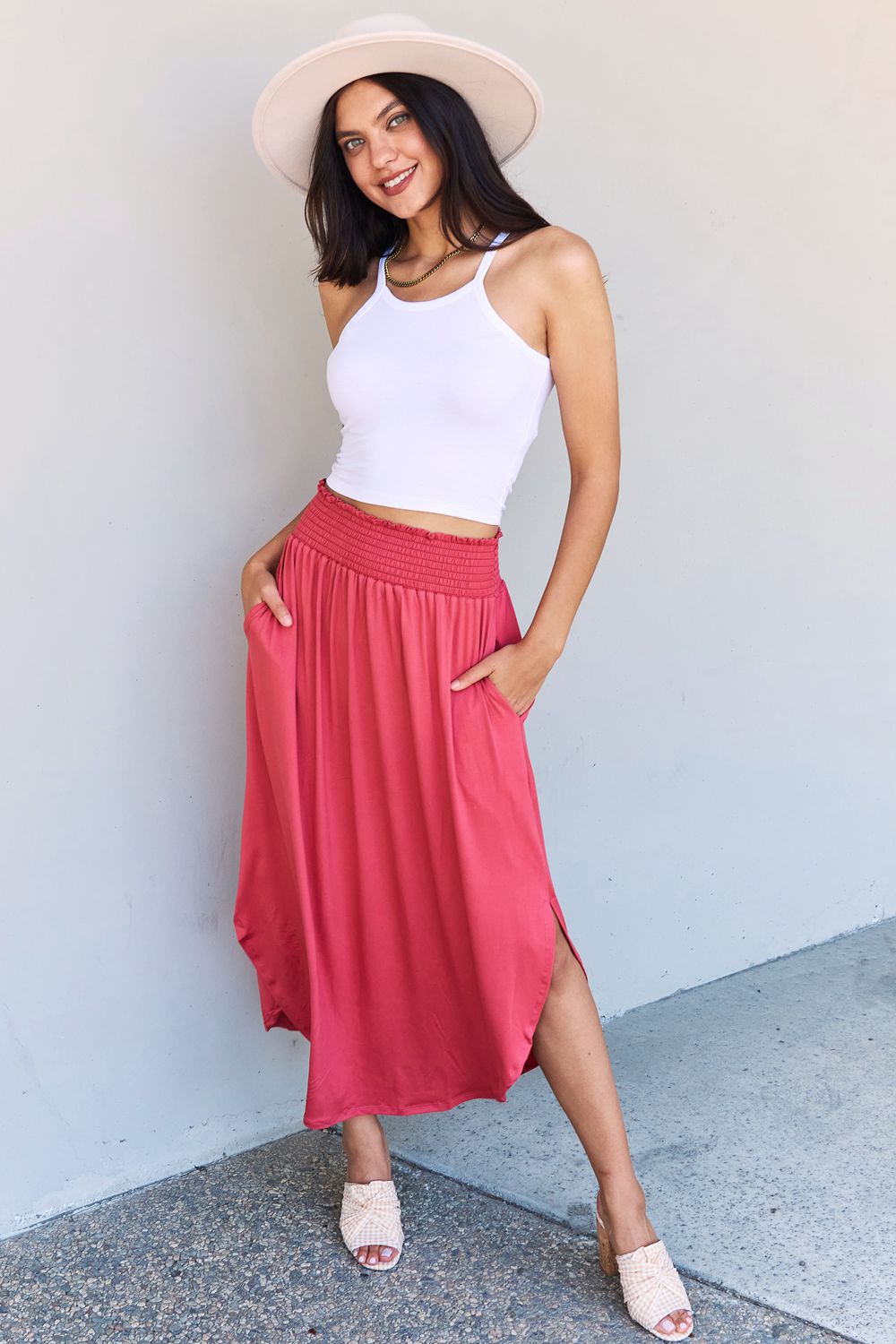 High Waist Scoop Hem Maxi Skirt in Hot PinkMaxi SkirtDoublju