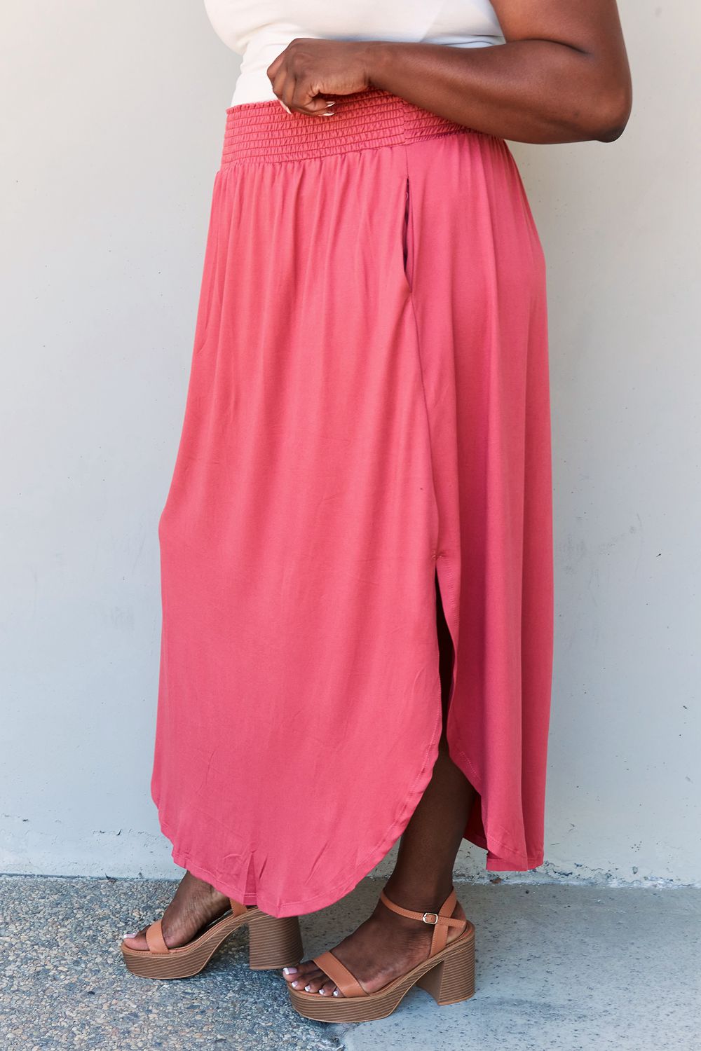 High Waist Scoop Hem Maxi Skirt in Hot PinkMaxi SkirtDoublju