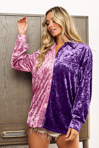 Contrast Button Up Long Sleeve Crushed Velvet Shirt in Lavender/PurpleShirtBiBi