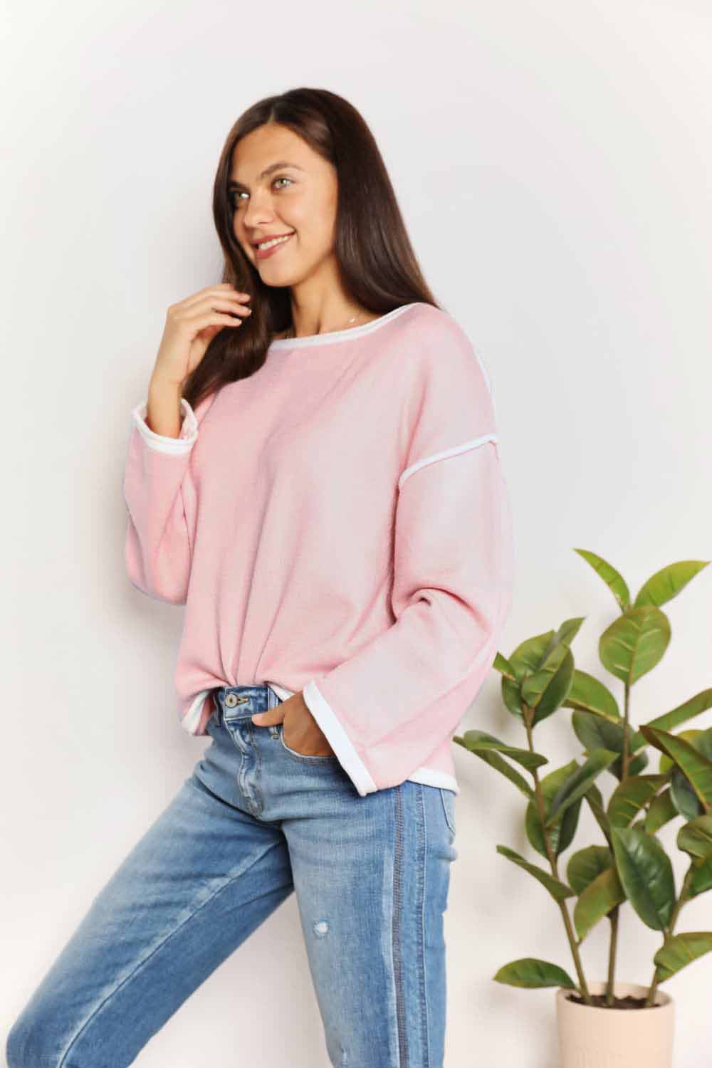 Contrast Detail Dropped Shoulder Knit Top in Blush PinkTopDouble Take