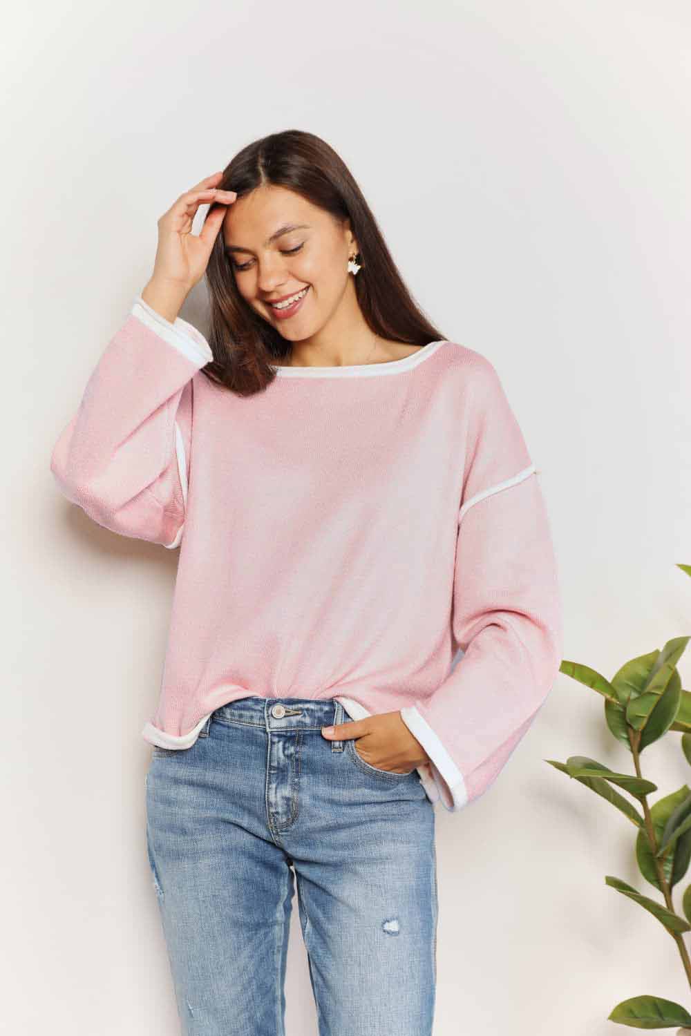 Contrast Detail Dropped Shoulder Knit Top in Blush PinkTopDouble Take