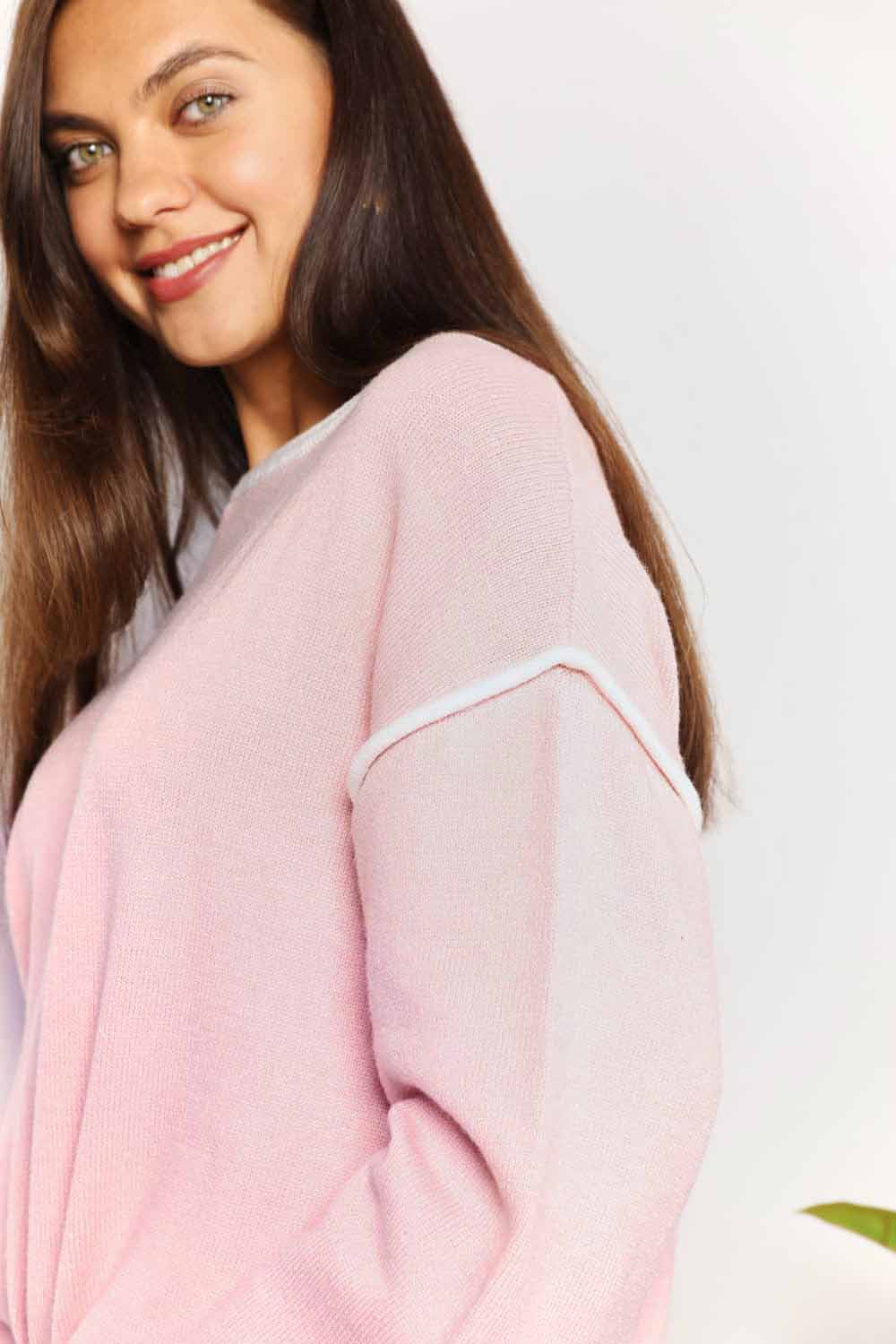Contrast Detail Dropped Shoulder Knit Top in Blush PinkTopDouble Take