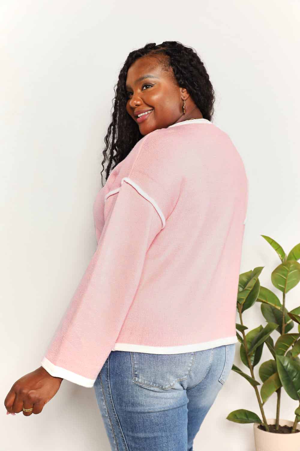 Contrast Detail Dropped Shoulder Knit Top in Blush PinkTopDouble Take