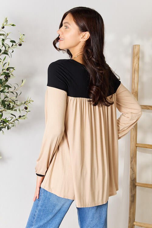 Contrast Long Sleeve Ruched Blouse in Black + CreamBlouseBOMBOM