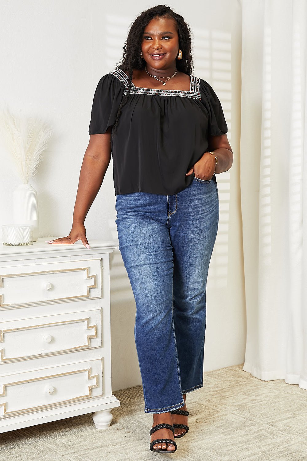 Contrast Square Neck Puff Sleeve Blouse in BlackBlouseDouble Take