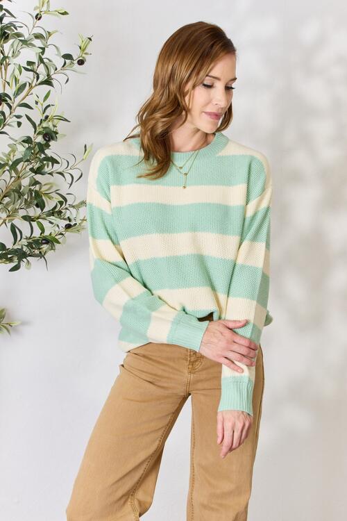 Contrast Striped Crew Neck Sweater in Sage + IvorySweaterSew In Love