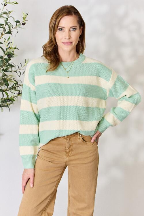 Contrast Striped Crew Neck Sweater in Sage + IvorySweaterSew In Love