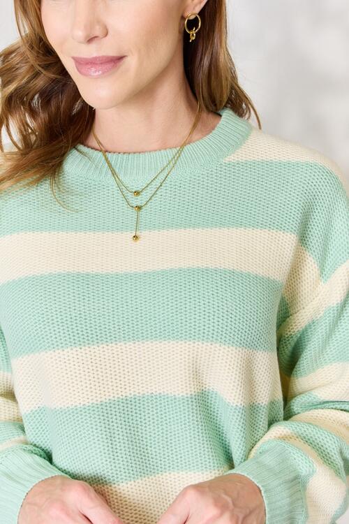 Contrast Striped Crew Neck Sweater in Sage + IvorySweaterSew In Love