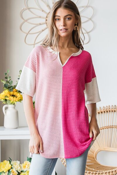 Contrast Waffle-Knit Half Sleeve Blouse in FuchsiaBlouseHeimish