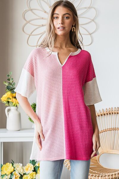 Contrast Waffle-Knit Half Sleeve Blouse in FuchsiaBlouseHeimish