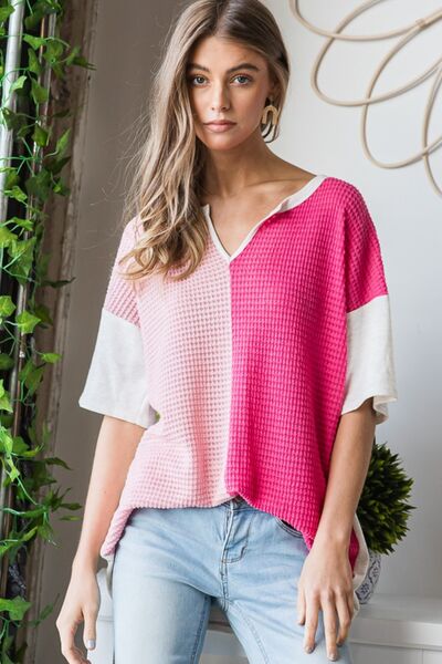 Contrast Waffle-Knit Half Sleeve Blouse in FuchsiaBlouseHeimish