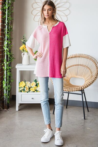 Contrast Waffle-Knit Half Sleeve Blouse in FuchsiaBlouseHeimish