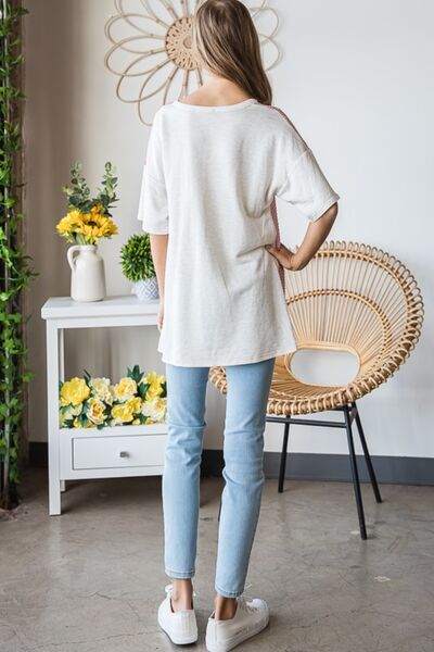 Contrast Waffle-Knit Half Sleeve Blouse in FuchsiaBlouseHeimish