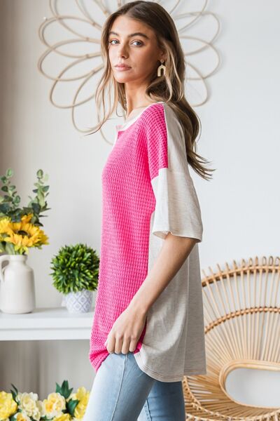 Contrast Waffle-Knit Half Sleeve Blouse in FuchsiaBlouseHeimish