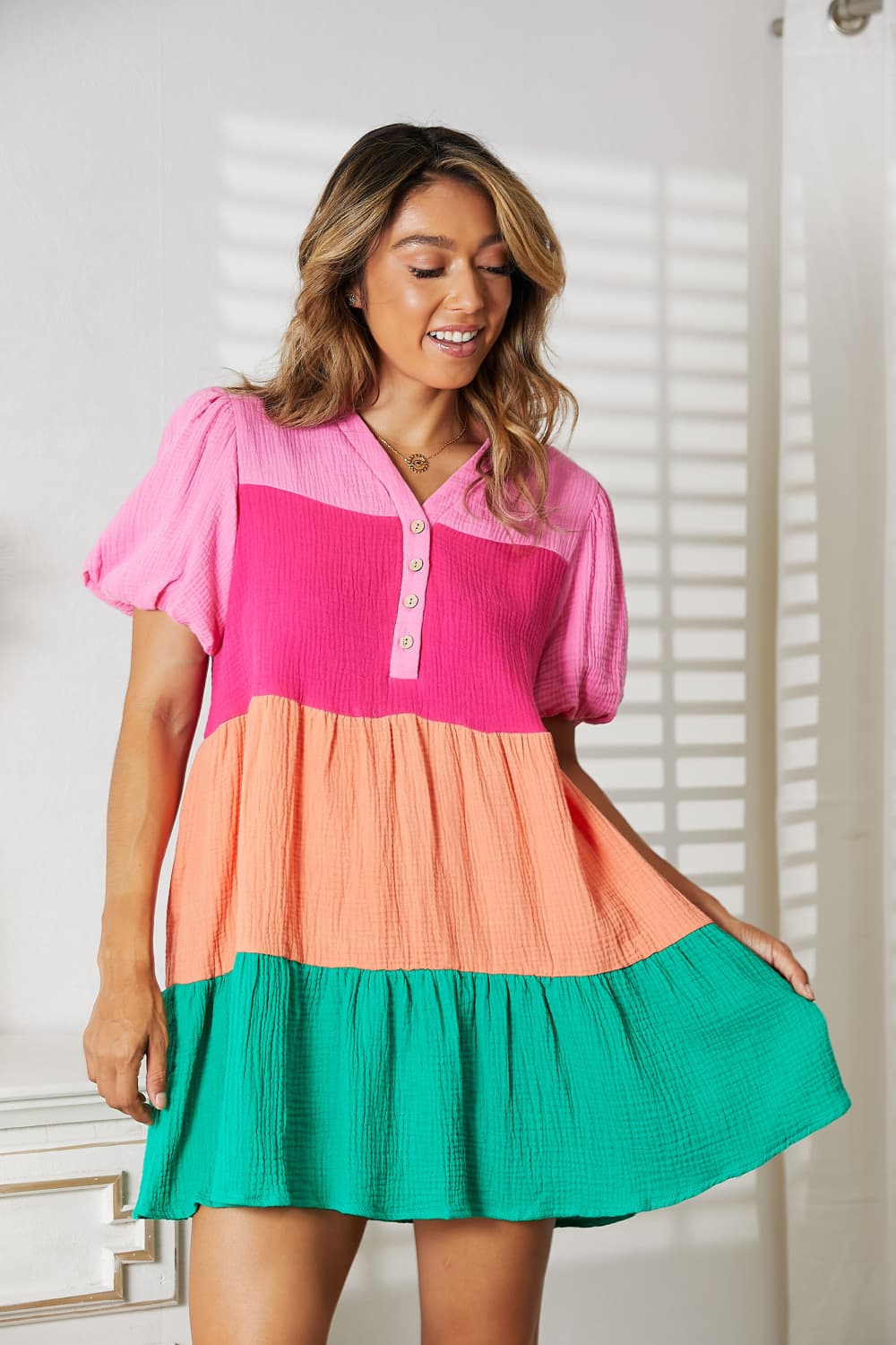 Cotton Color Block Buttoned Puff Sleeve Mini DressMini DressDouble Take