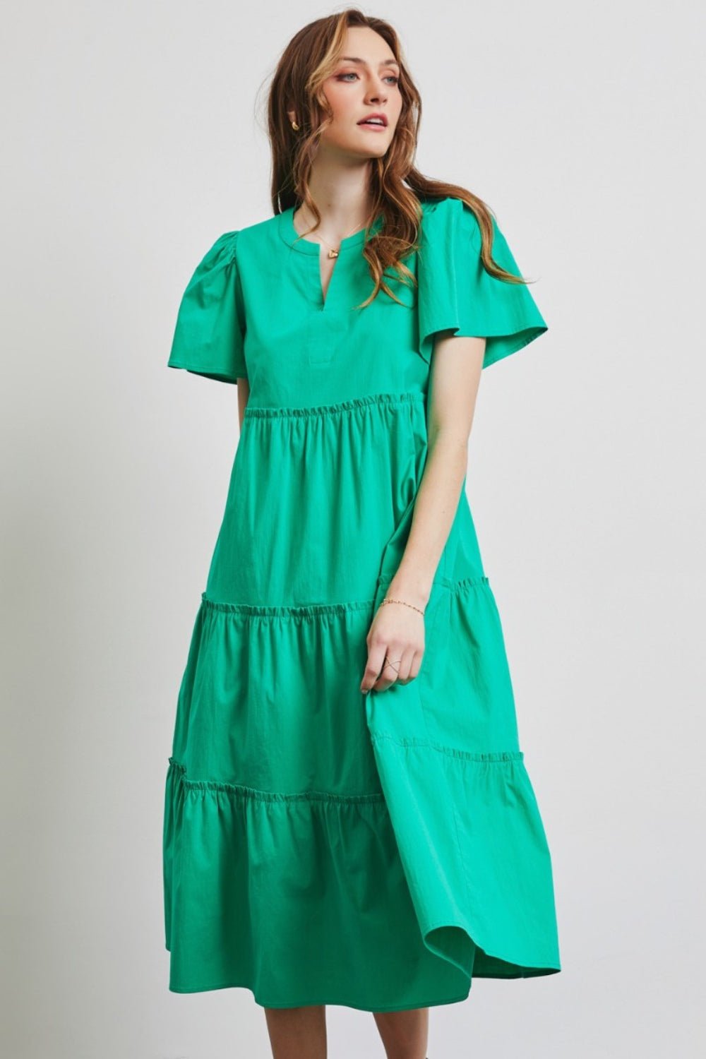 Cotton Poplin Ruffled Tiered Midi Dress in Emerald GreenMidi DressHEYSON