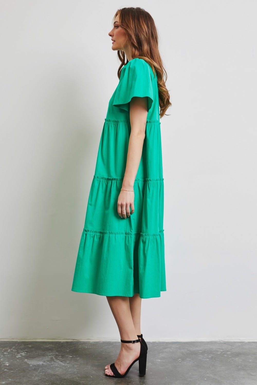 Cotton Poplin Ruffled Tiered Midi Dress in Emerald GreenMidi DressHEYSON