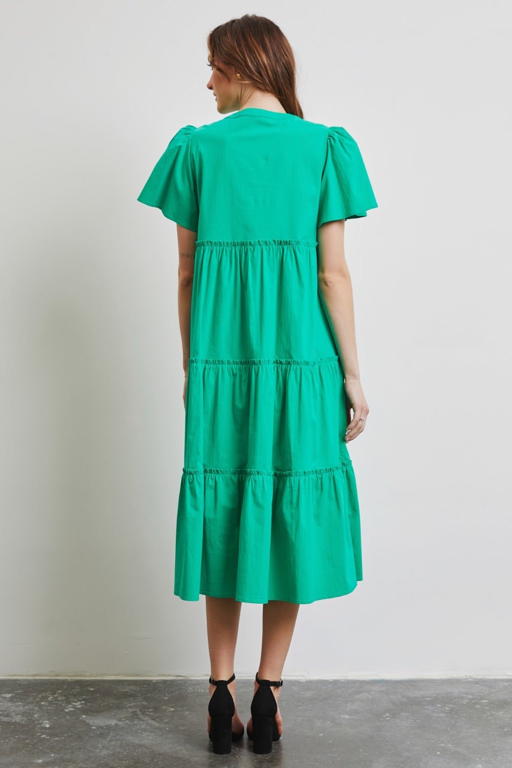 Cotton Poplin Ruffled Tiered Midi Dress in Emerald GreenMidi DressHEYSON