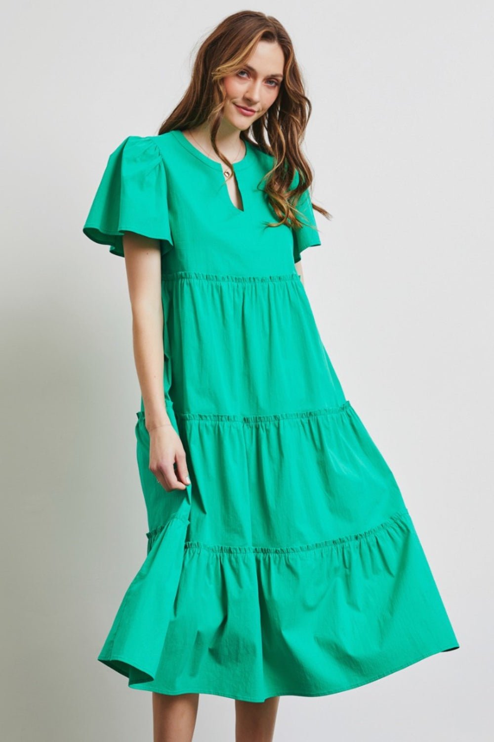 Cotton Poplin Ruffled Tiered Midi Dress in Emerald GreenMidi DressHEYSON