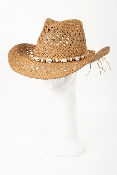 Cowrie Shell Beaded Band Straw Cowgirl Hat in TanCowboy HatFame
