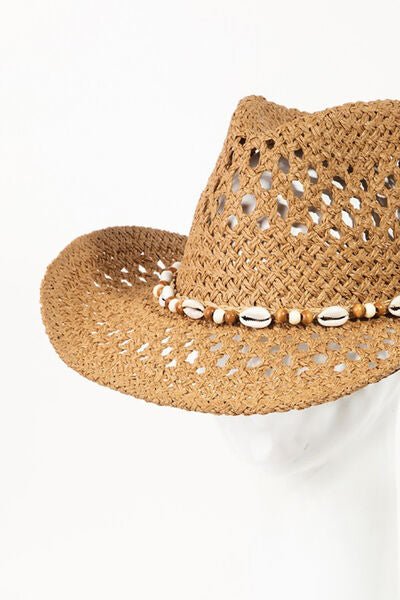 Cowrie Shell Beaded Band Straw Cowgirl Hat in TanCowboy HatFame