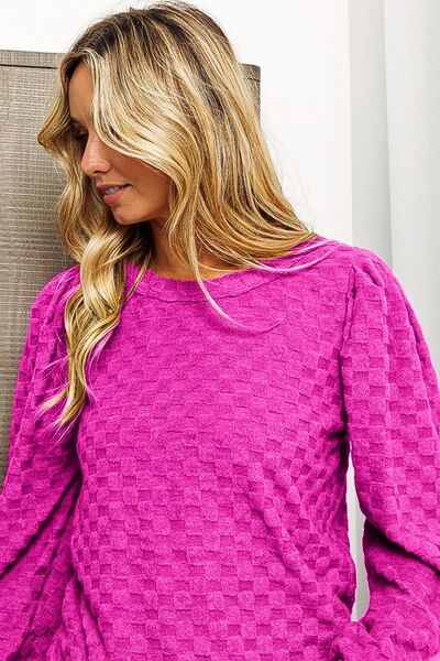 Crew Neck Brushed Checker Top in MagentaTopBiBi