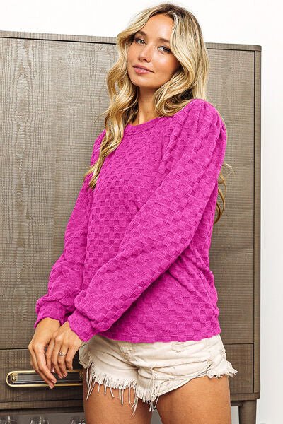 Crew Neck Brushed Checker Top in MagentaTopBiBi