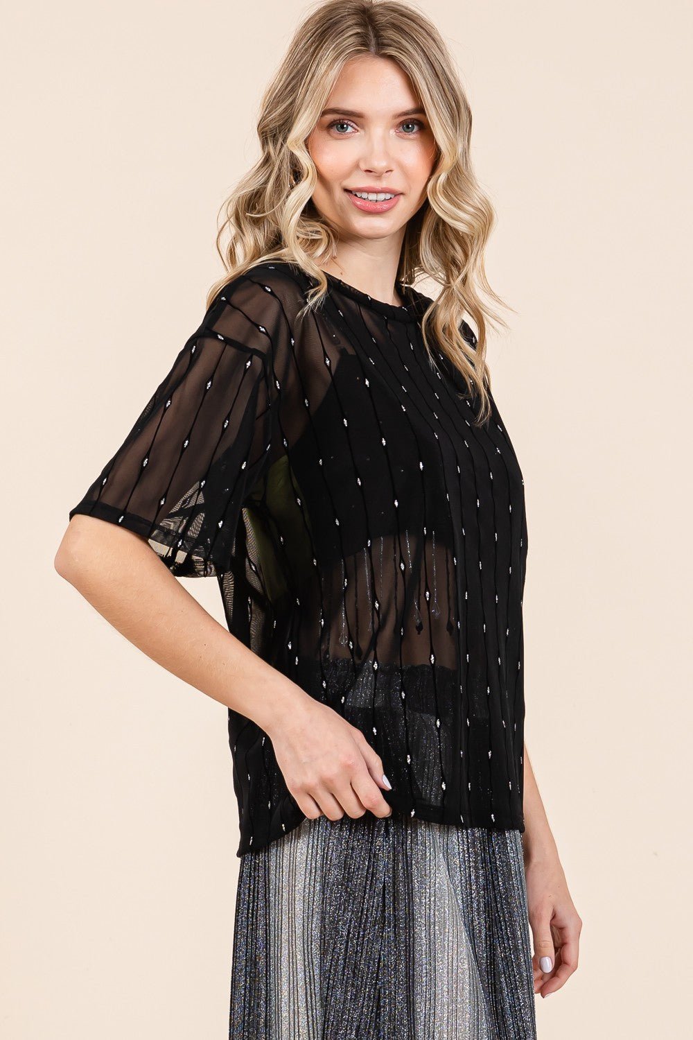 Crew Neck Drop Shoulder Mesh Glitter Top in BlackTopGeeGee