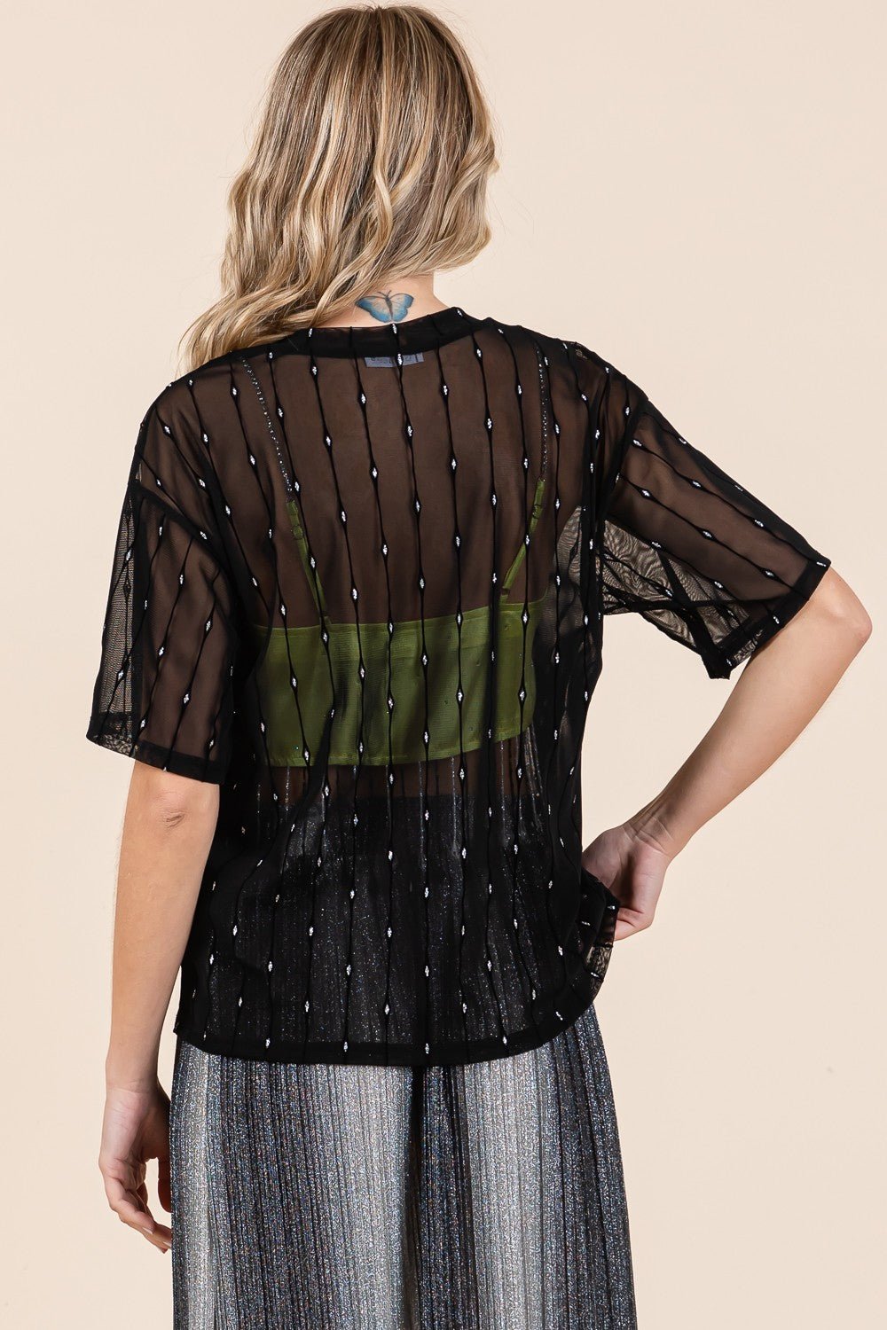 Crew Neck Drop Shoulder Mesh Glitter Top in BlackTopGeeGee