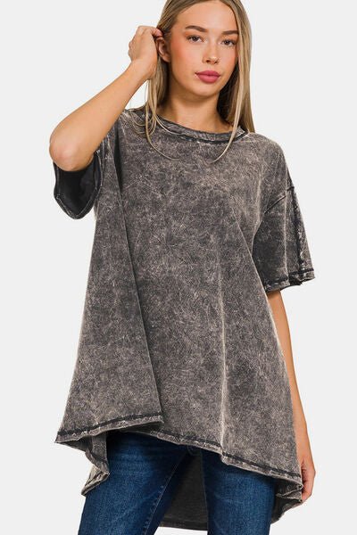 Crew Neck Dropped Shoulder Blouse in Ash BlackBlouseZenana