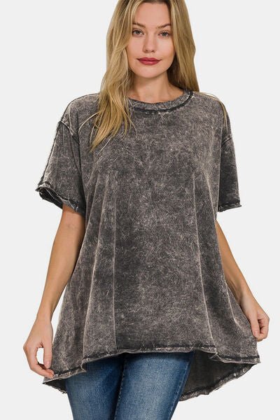 Crew Neck Dropped Shoulder Blouse in Ash BlackBlouseZenana