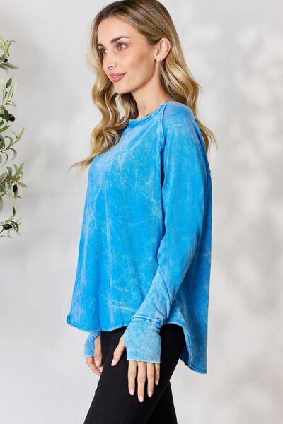 Crew Neck Long Sleeve Cotton Top in Ocean BlueTopZenana